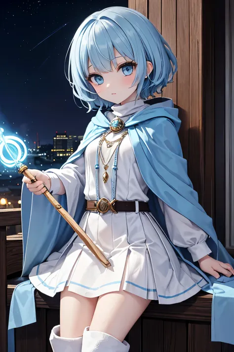 light blue hair, short hair, pixie cut, (wavy hair), light blue eyes, small breasts, (((light blue short Muffler cloak))), (white shirt), (white skirt), (blue and white boots), (((Blue jeweled wand))), Settlement, night