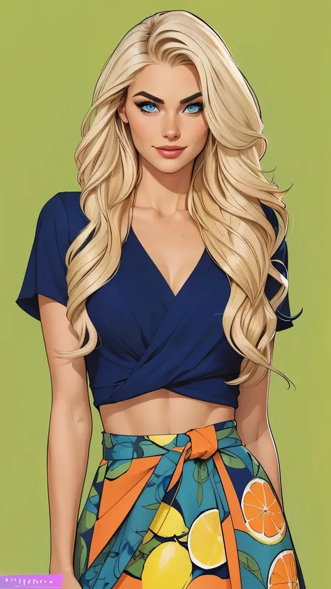 (cartoon style:1.2), cartoon comics style 1.2,Stuning artistic pin-up marina Laswick very very beautiful very sexy with a little smile, Beautiful skin, blue eyes, very beautiful mini crop-top navy blue bra with floral patterns, very beautiful very generous...