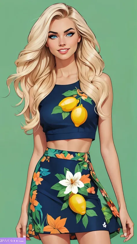 (cartoon style:1.2), cartoon comics style 1.2,Stuning artistic pin-up marina Laswick very very beautiful very sexy with a little smile, Beautiful skin, blue eyes, very beautiful mini crop-top navy blue bra with floral patterns, very beautiful very generous...