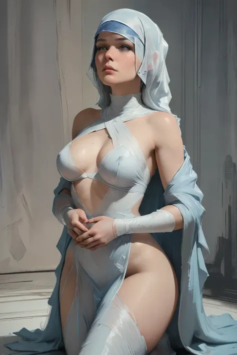 close up, (android woman), Lea Seydoux, pale skin, (short sleek white edgy hair and bangs), (light blue linen wrapping body sci fi), cyberpunk, Columbia goddess, art deco maiden, sci-fi, Luis Ricardo Falero painting, edgy painting, masterpiece, (small brea...