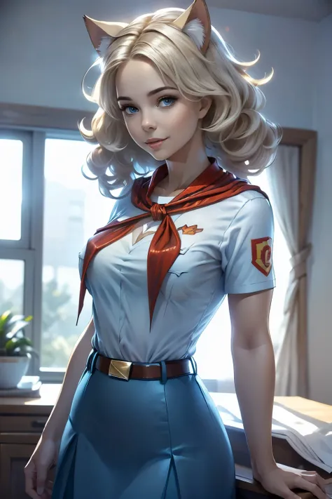 very young slim fit girl, full height, rounded face, (long curly disheveled blond hair:1.4), big blue eyes, shy smile, perfect medium breast, band on head with fake cat ears, monroe, pioneer neckerchief, short tight blue pleated skirt, bangs, tight white s...