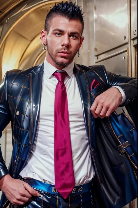 Roman Todd, mohawk, beard, diamond earrings, latex suit and tie, highly detailed, photorealistic, 8K, HDR