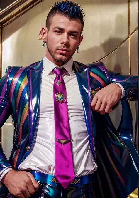 Roman Todd, mohawk, beard, diamond earrings, rainbow latex suit and tie, highly detailed, photorealistic, 8K, HDR