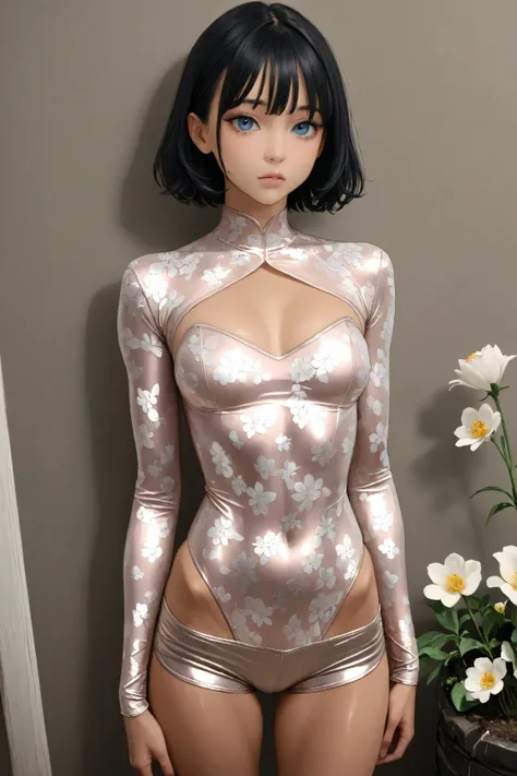  1 girl, very skinny, beautiful big flower patterned and beautiful shiny metallic long sleeve leotard, long sleeve leotard:1.5, very cute face, skinny arms, skinny waist, skinny legs, High Quality , Masterpiece, black short hair, cowboy shot, black hair, b...