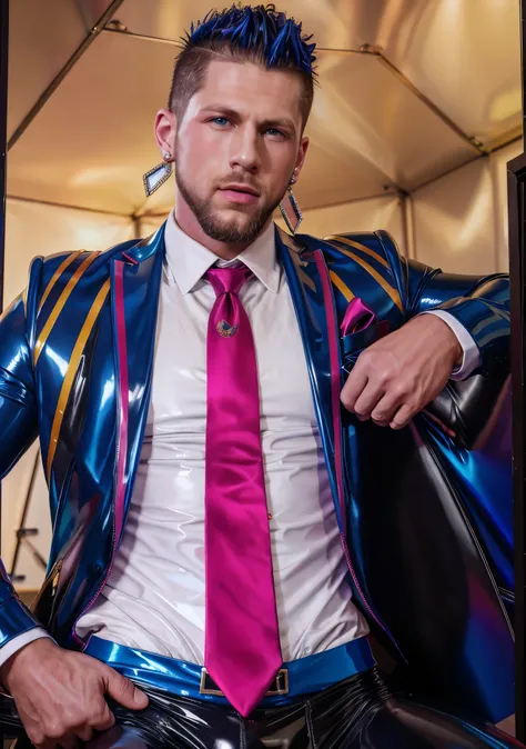 Roman Todd, mohawk, beard, diamond earrings, colorful latex suit and tie, highly detailed, photorealistic, 8K, HDR