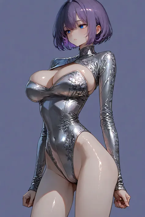 1 girl, slender, beautiful, flower patterned and beautiful shiny metallic long sleeve leotard, long sleeve leotard:1.5, very cute face, big breasts, skinny arms, skinny waist, skinny legs, High Quality, Masterpiece, black short hair, purple hair, blue eyes...