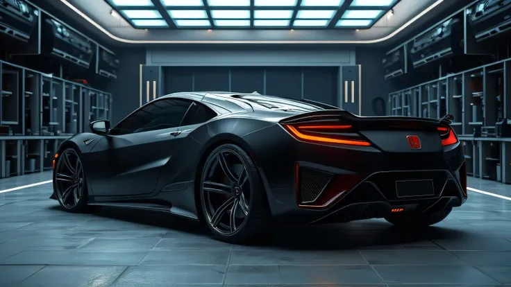 A wide-angle shot of the aerodynamic body of the 2025 Honda NSX, showcasing its sculpted curves and carbon fiber elements. The luxury garage setting enhances the futuristic look of the car.  
