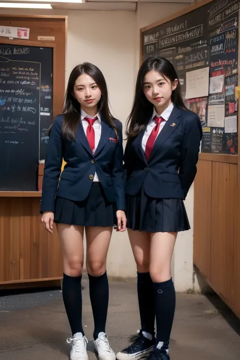 photorealistic, ultra realistic, masterpiece,Two female middle school students with the exact same clone stand in front of a blackboard,(((half-knee-high socks))),((( navy blue micro mini skirt ))),super short miniskirt,navy blue blazer,Sneakers,red studen...