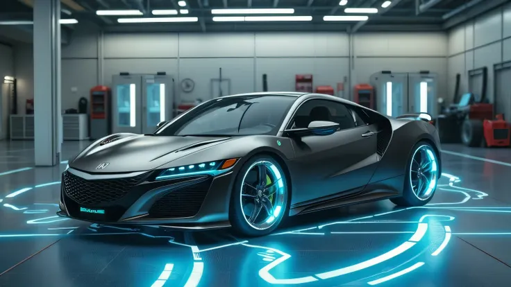 A cinematic still of the SH-AWD system of the 2025 Honda NSX, visually illustrating power distribution to all four wheels using glowing energy lines, with a high-end car garage as the backdrop.  
