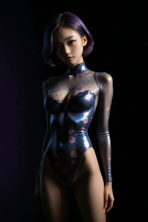 1 girl, slender, beautiful, flower patterned and beautiful shiny metallic long sleeve leotard, very cute face, big breasts, skinny arms, skinny waist, skinny legs, High Quality, Masterpiece, black short hair, purple hair, blue eyes, feminine a little big b...