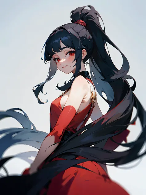 (beautiful anime girl with long black hair smiles, hairstyle — high ponytail), red eyes,  black eyelashes and red dress )