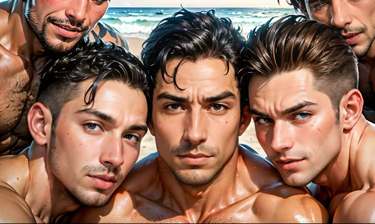 realistic. four brothers standing close together in the center of the image. four stunning gorgeous masculine sexy Australian adult male brothers standing on a beach in summer, board shorts & open shirts, ((all four have different physical features & eyes ...