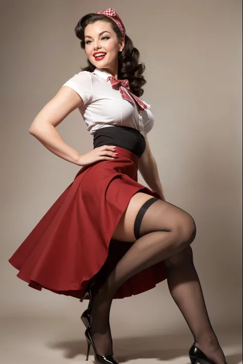 Ultra-high resolution The girl leans forward at full height adding mystery and sexuality. (((Full length. the fluffy skirt rides up in the strong wind))) (((full skirt in pin-up style, knee-length))) The dress in the style of the 1950s, complete with a ful...