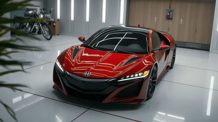 A high-resolution cinematic shot of the 2025 Honda NSX from a bird’s-eye view, showcasing its full body lines, aggressive stance, and aerodynamic elements inside a high-end garage.  
