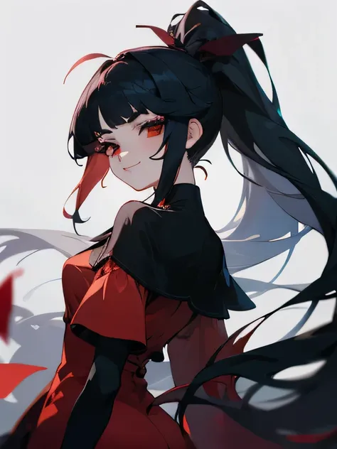 (beautiful anime girl with long black hair smiles, hairstyle — high ponytail), (red eyes,  black eyelashes and red dress )