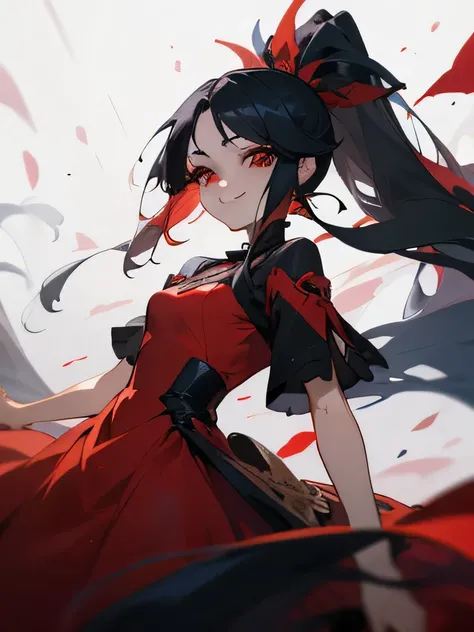 (beautiful anime girl with long black hair smiles, hairstyle — high ponytail), (red eyes,  black eyelashes and red dress )