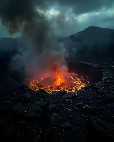 "A breathtaking view of an active volcanic crater, where molten lava glows a deep fiery red against the black volcanic rock. Thick plumes of smoke rise into the air, creating a dramatic contrast against the darkening sky. The intense heat distorts the air ...