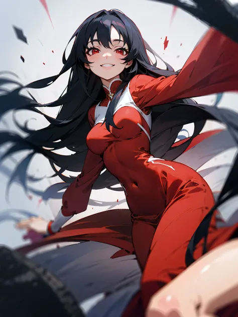 (anime girl smiling ), ( long black hair, ), (red eyes ), ( red dress)