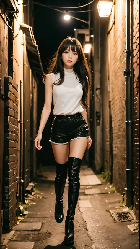 full body shot、Outdoors、masterpiece、Best Quality、Hi-Res、realistic、(In a dark alley at night)、(Woman wearing knee-high boots and shorts running away from men in a narrow alley on a dark night with no one)、(A frightened 18-year-old beautiful girl)、(Beautiful...