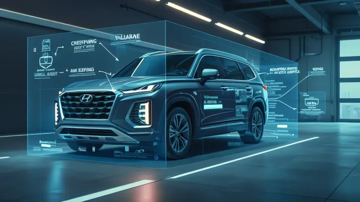 A futuristic shot showing a projection of the Hyundai Palisade’s safety features as a holographic display inside the high-tech garage. The digital UI highlights lane-keeping assist, adaptive cruise control, and emergency braking.  
