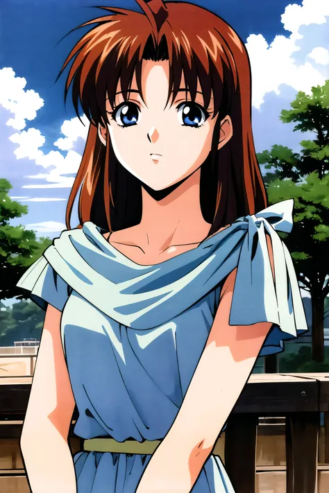 masterpiece,best quality,highres,lilia,blue dress,1girl,solo,outdoors,animification,1990s \(style\),looking down,nervous,upper_body,cloudy sky,