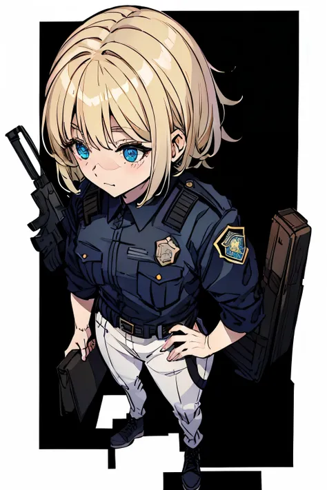  Woman, full body, white background,  police outfit , short blonde hair