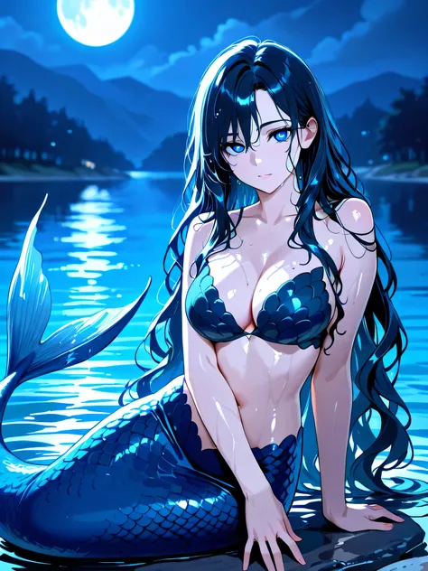 fair skin, mermaid, shiny dark blue tail, long black wavy wet hair, mysterious eyes, beautiful, attractive, moonlight, dark lake, model pose 