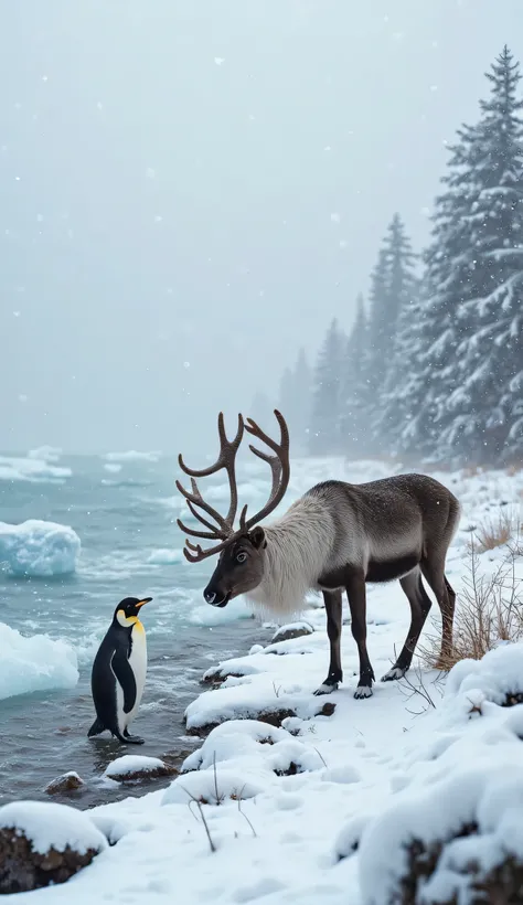 A serene winter landscape with gentle snowfall, an overcast sky, and icy waves touching the snowy shoreline. Snow-covered trees and frozen rocks surround the scene, creating a peaceful Arctic setting. A small, curious penguin stands near the water, its bla...