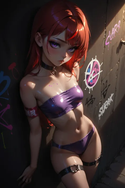 young korean girl, red hair, purple eyes , solo, tight red metallic tube top, tight purple panties, choker, graffiti paint splatter, slouching, leaning back, sexy, against wall, looking at viewer, armband, thigh strap, streaked hair, paint on body, upturne...