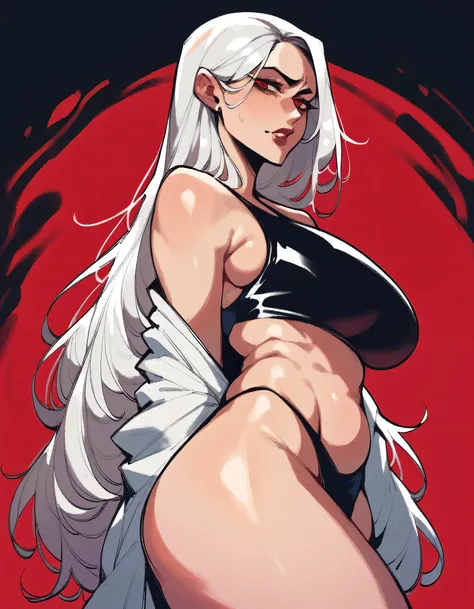 milf; white hair; long hair; big tits; black bikini ; panty; red eyes; black background; red background; safe to work content 