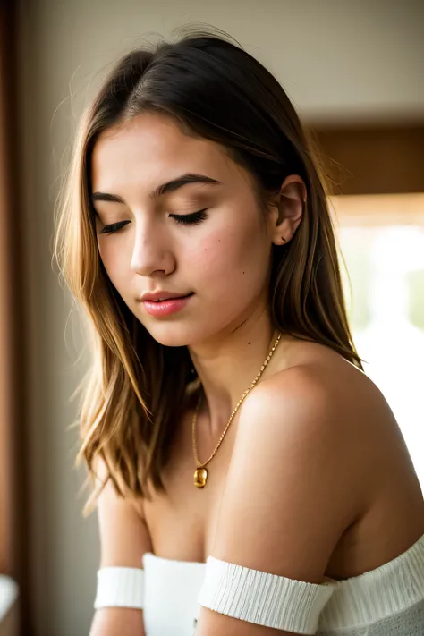 1girl in,15 y.o, Solo, medium hair, dirty blonde, slim figure, petite frame, fair complexion, realistic body, lens blur effect, warm lighting, , Bare shoulders, Brown eyes, Full body, a necklace, off shoulders, Sweaters, Realistic, A sexy, (eyes closed),(p...