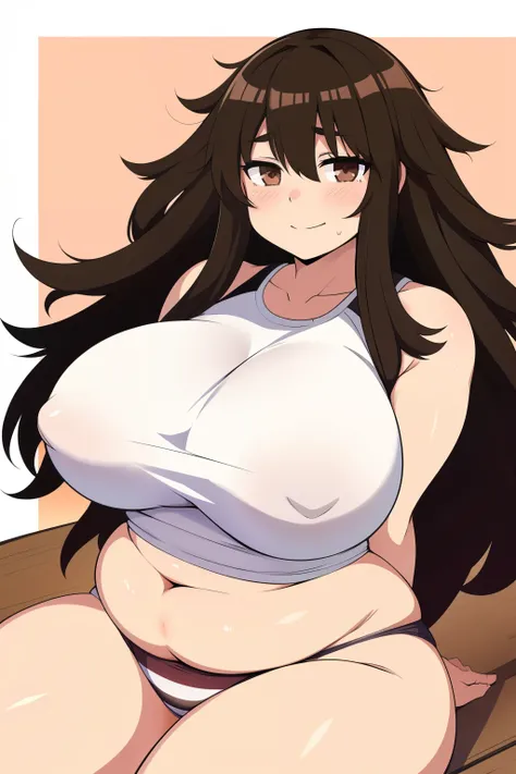 Chubby girl with big breasts black hair brown eyes happy long messy hair smiling blushed sweating showing chest underwear with white stripes