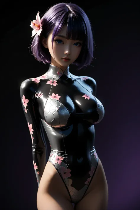 1 girl, slender, beautiful, flower patterned and beautiful shiny metallic long sleeve leotard, very cute face, big breasts, skinny arms, skinny waist, skinny legs, High Quality, Masterpiece, black short hair, purple hair, blue eyes, feminine a little big b...