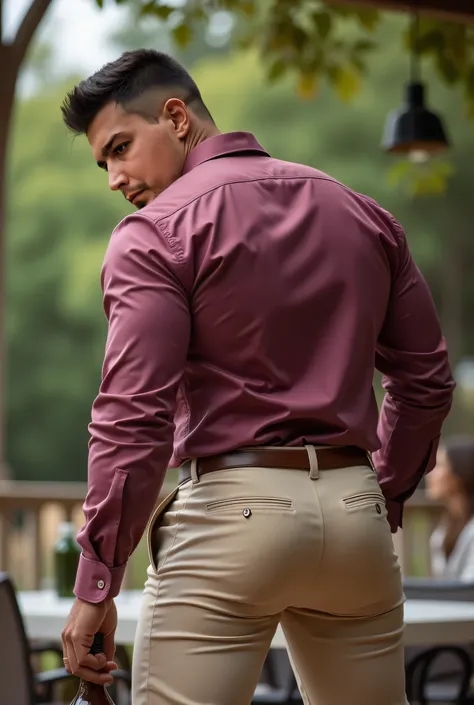 Fotografía realista, 35-year-old muscular (((atletic man))) , , View from below, nalgon de perfil, stripe dark pink formal shirt and very tight light beige trousers, brown belt, de perfil, Big butt, viendo a cámara, ojos negros, en el patio, hombre sexy, m...