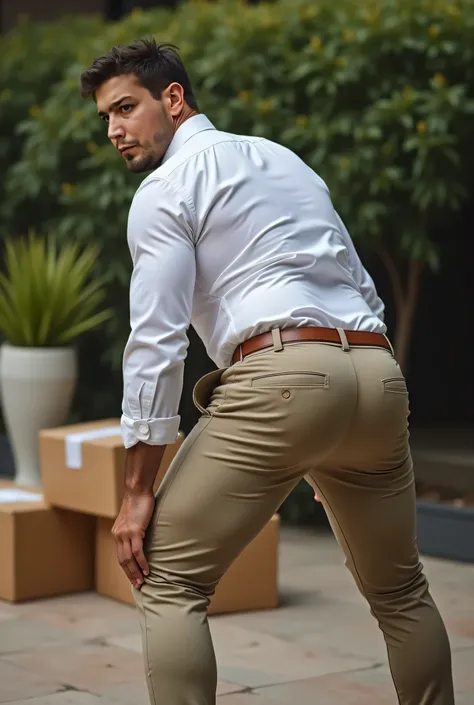 Fotografía realista, 35-year-old muscular (((atletic man))) , , View from below, nalgon de perfil, stripe white formal shirt and very tight khaki trousers, brown belt, de perfil, Big butt, viendo a cámara, ojos negros, en el patio, hombre sexy, muy nalgon,...