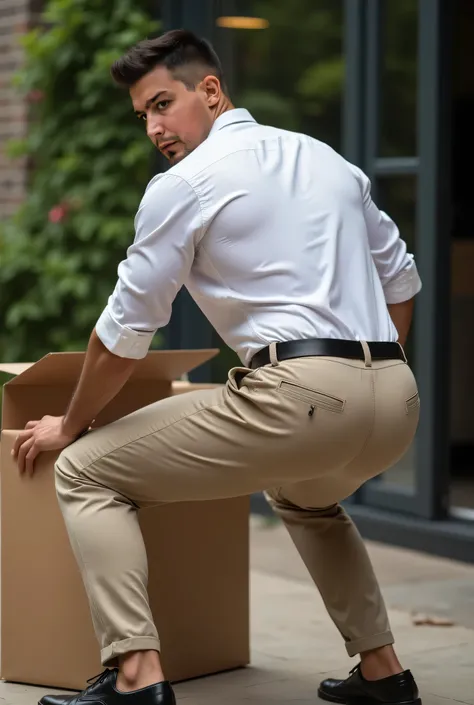 Fotografía realista, 35-year-old muscular (((atletic man))) , , View from below, nalgon de perfil, stripe white formal shirt and very tight khaki trousers, brown belt, de perfil, Big butt, viendo a cámara, ojos negros, en el patio, hombre sexy, muy nalgon,...