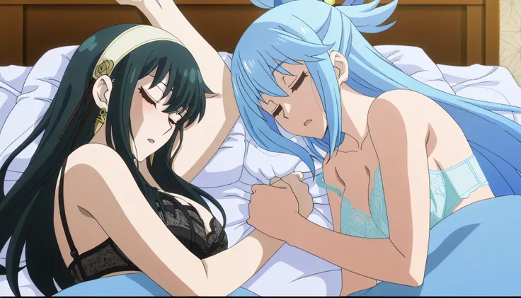 puntuación_7_arriba, puntuación_6_arriba, la mejor calidad, anime screencap, cara clara, Yor Briar, Aqua/ konosuba, 2 girls, bed, sleeping , , auto grabbing aggressively breast, show breast, anime screencap , only women , lingerie, regular breasts, 