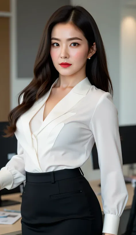 a beautiful woman, standing in office, using a shirt over a white skirt, Use a long skirt to the toe of a tight pleated model of black color, big boobs, Judes face, red lips