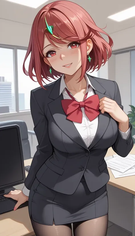  score_9,  score_8_up,  score_7_up,  source_ anime、Best Quality、8k、 masterpiece、Ultra High Resolution、natural light、perfect anatomy、one woman、perfect eye、 pretty eyes、My eyes have highlights、(Pyra )、cute face、(office lady、 office suit、wear a big bow around...