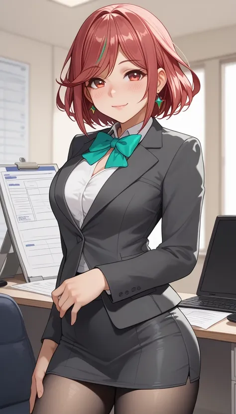  score_9,  score_8_up,  score_7_up,  source_ anime、Best Quality、8k、 masterpiece、Ultra High Resolution、natural light、perfect anatomy、one woman、perfect eye、 pretty eyes、My eyes have highlights、(Pyra )、cute face、(office lady、 office suit、wear a big bow around...