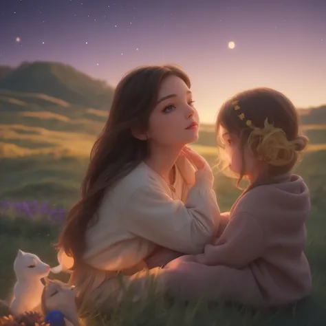 A serene girl with brown hair and dark green eyes sits atop a hill, gazing out at the evening sky's canvas of deep blues and purples, just after sunset's warmth fades. Before her, seven planets align vertically, their bright points aglow: Saturn, Mercury, ...