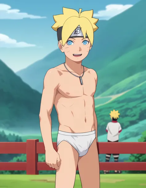 check_9, check_8_ upwards, check_7_ upwards,  eastnik_anime,anime screencap,anime coloring,
uncensored,
Boruto, 1 boy, blond hair,face mark,uzumaki Boruto,  male focus ,blue eyes,Forehead protector,konohagakure symbol,headband,necklace, naked torso , dress...