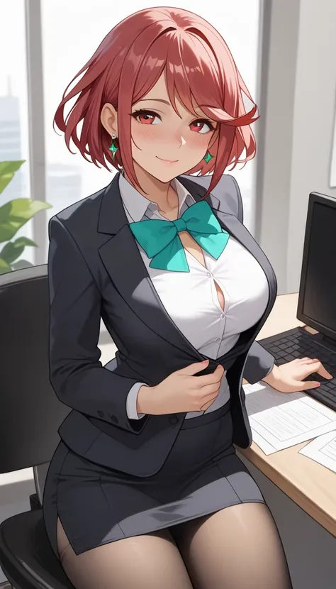  score_9,  score_8_up,  score_7_up,  source_ anime、Best Quality、8k、 masterpiece、Ultra High Resolution、natural light、perfect anatomy、one woman、perfect eye、 pretty eyes、My eyes have highlights、(Pyra )、cute face、(office lady、 office suit、Wear a big bow around...