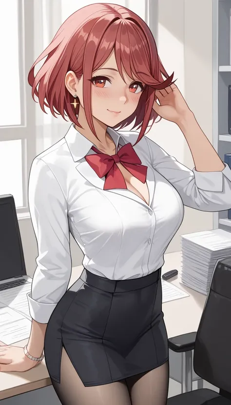  score_9,  score_8_up,  score_7_up,  source_ anime、Best Quality、8k、 masterpiece、Ultra High Resolution、natural light、perfect anatomy、one woman、perfect eye、 pretty eyes、My eyes have highlights、(Pyra )、cute face、(office lady、 office suit、Wear a big bow around...