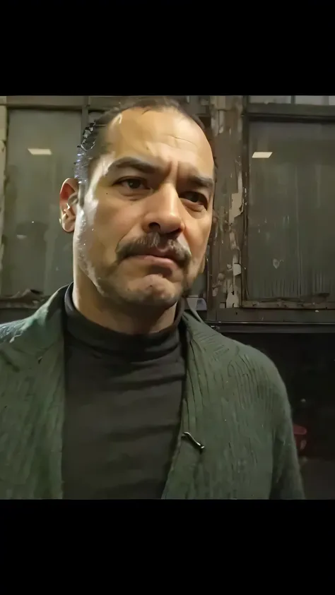 Middle-aged man with a round face, light skin tone, and short dark receding hair. He has thick eyebrows, deep-set eyes, a slightly furrowed brow, and a serious expression. His facial hair consists of a thin mustache. He wears a dark green, textured blazer ...