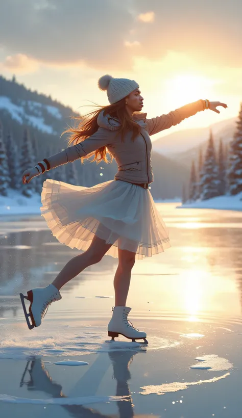 A highly detailed digital painting of a graceful woman ice skating on a frozen lake. She moves elegantly, performing a beautiful spin with her arms extended and one leg lifted. She wears a stylish winter outfit, including a flowing skirt, a fitted jacket, ...