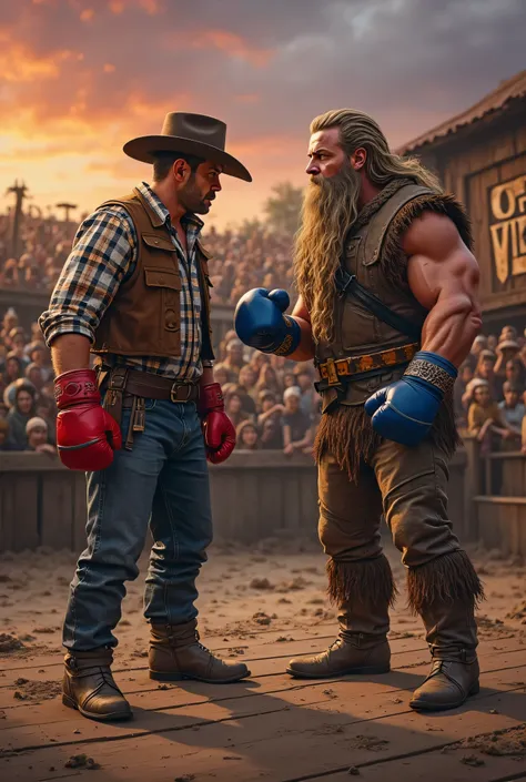 Scenario: A wooden enclosure, with clay and mud scattered across the floor.  the sun is setting , creating an orange and purple sky in the background.
fighters:
Cowboy:  He wears a plaid shirt , a leather vest and a cowboy hat. His boxing gloves are red. H...