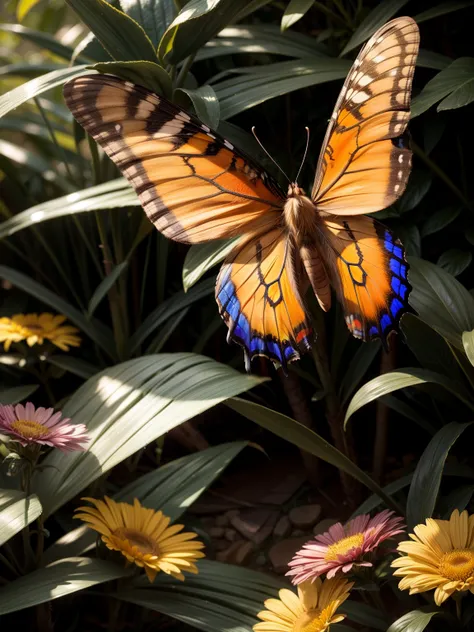 a very colorful butterfly with vibrant wings, flying from flower to flower, 4k, high resolution, detailed, realistic, photorealistic, masterpiece, lush tropical garden, sun dappled, vibrant colors, dynamic composition, intricate details, soft focus, bokeh ...