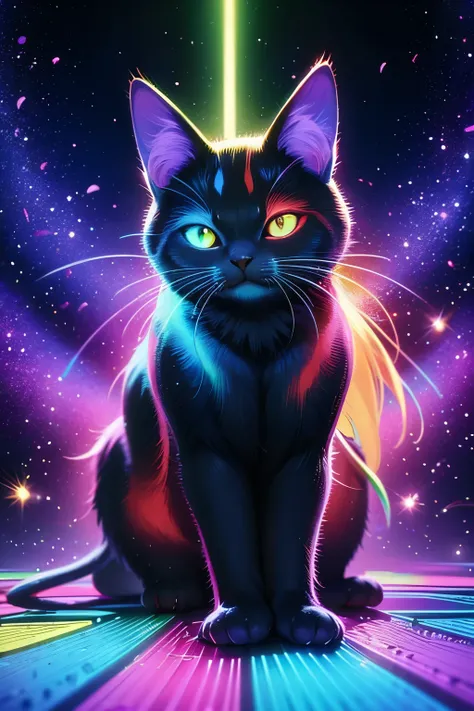 best quality, beautiful, a cat, concept art, full body shot, black background, rainbow, rainbow gradient, black, macro shot