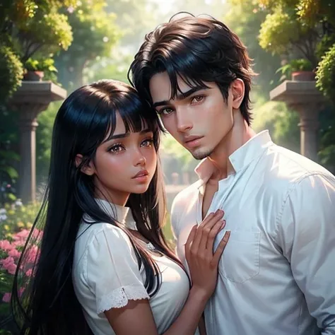 (realistic anime couple),brown skinned girl with black hair, indian girl,light white skinned boy with brunet hair,detailed eyes,detailed lips,long lashes,beautiful hairstyles,expressive facial expressions,garden setting,dreamy atmosphere,soft lighting,emot...